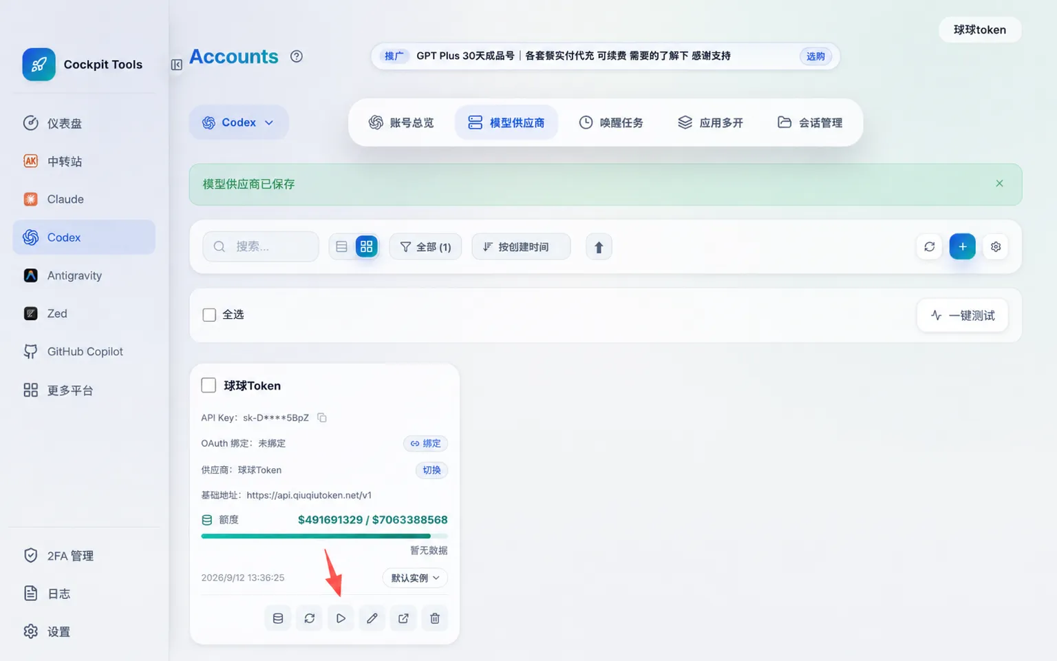 启用球球 Token 供应商并启动 Codex 实例